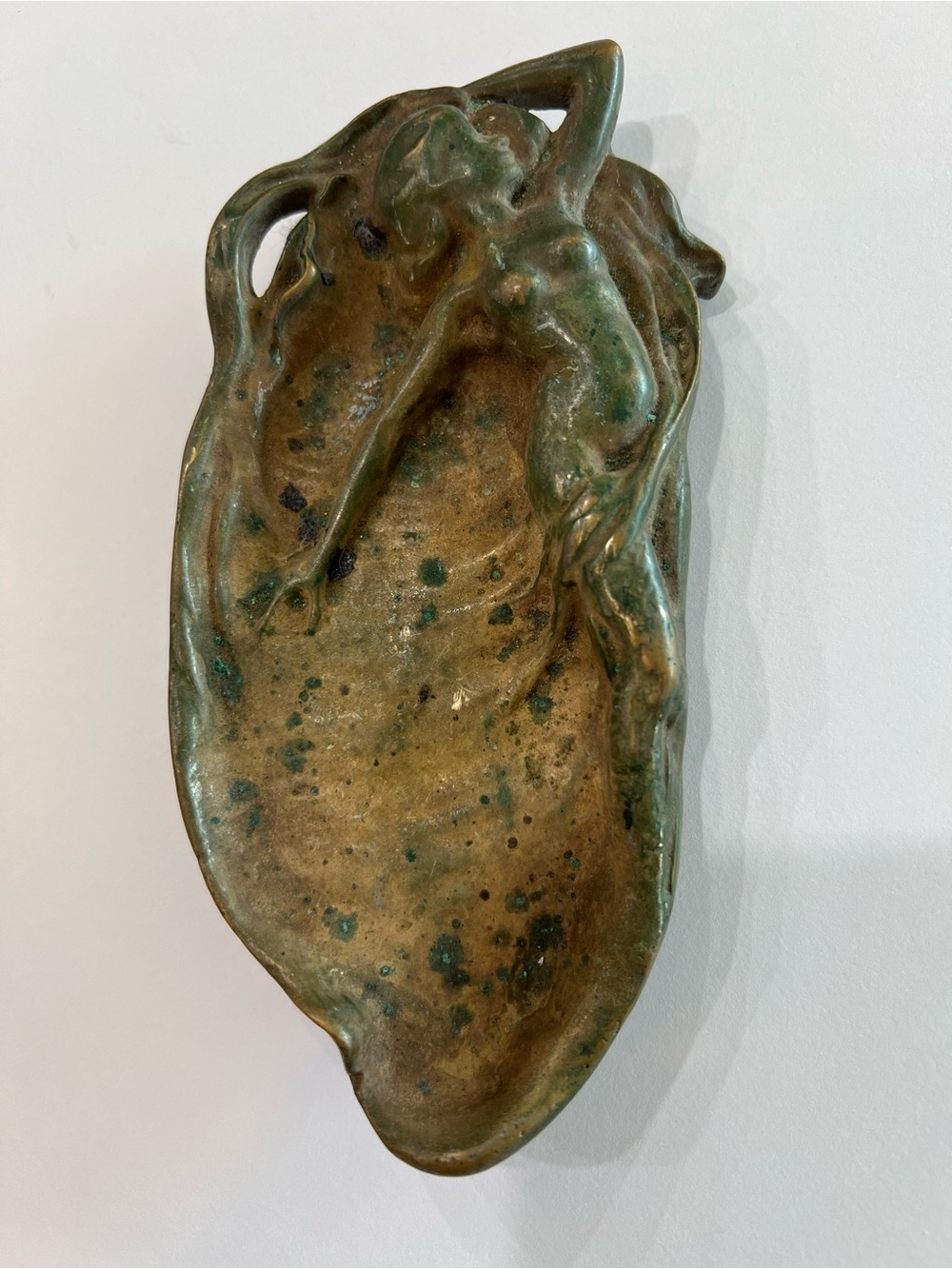 Vintage Cast Brass Art Nouveau Nude Mermaid Figural Trinket Tray